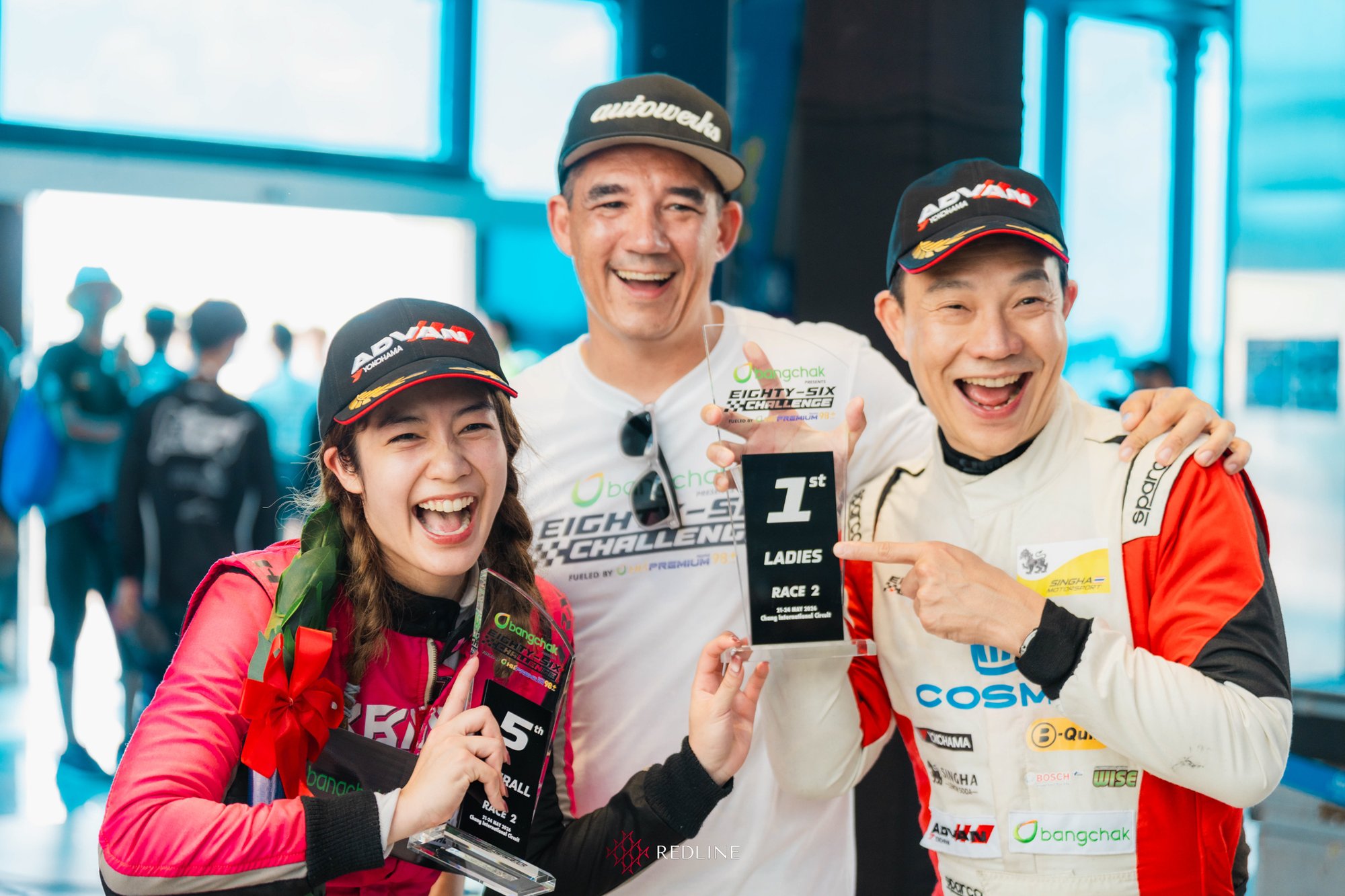 Maprang Alrisa celebrating with the Race 2 trophies — 1st Ladies, 5th overall