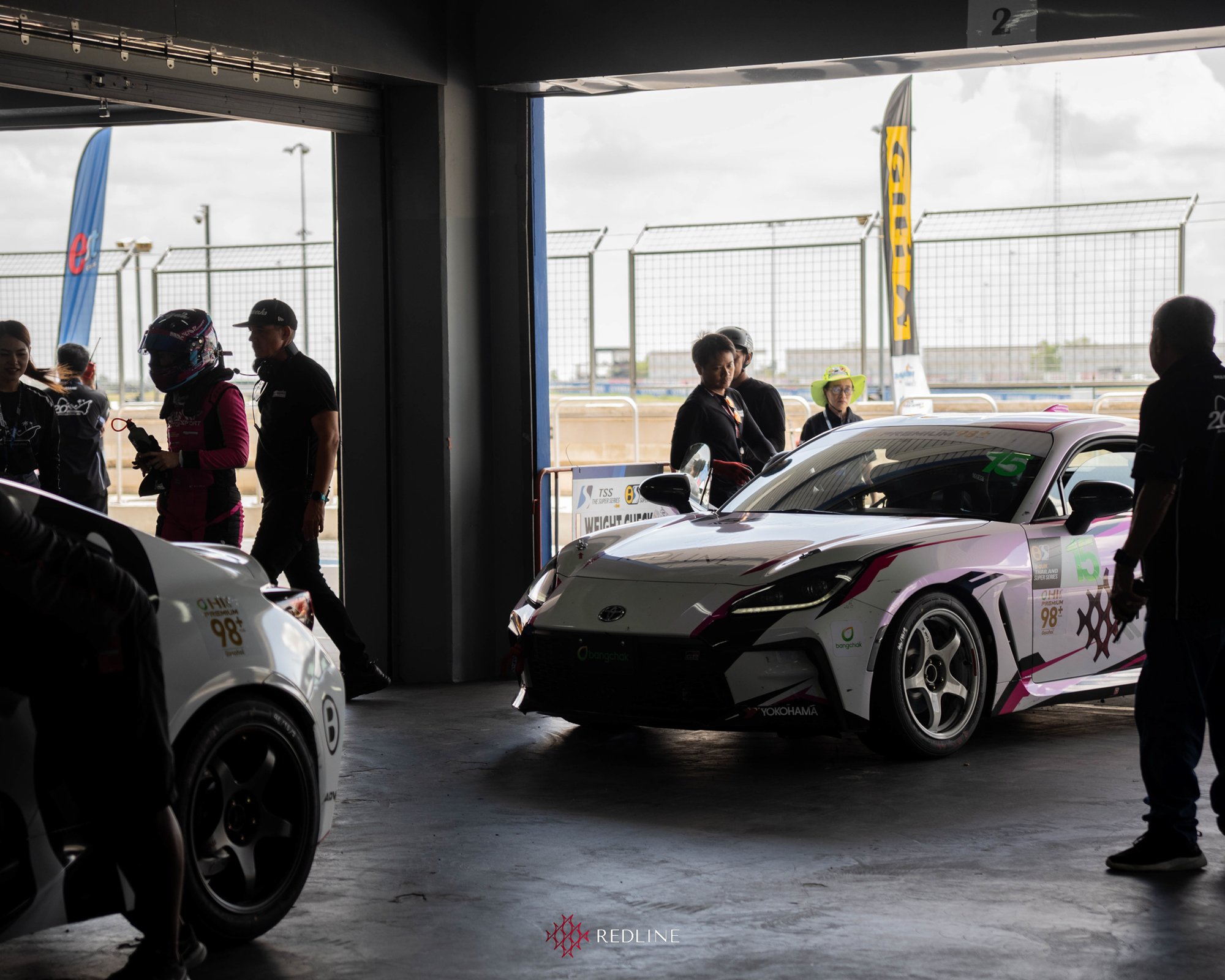 The #15 Redline GR86 rolling out of the garage at Buriram
